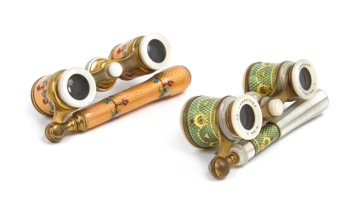 Two Pairs of Continental Guilloche Enameled Opera Glasses, Width of first 3 5/8 inches.