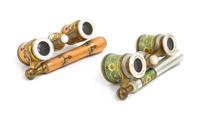 Two Pairs of Continental Guilloche Enameled Opera Glasses, Width of first 3 5/8 inches.