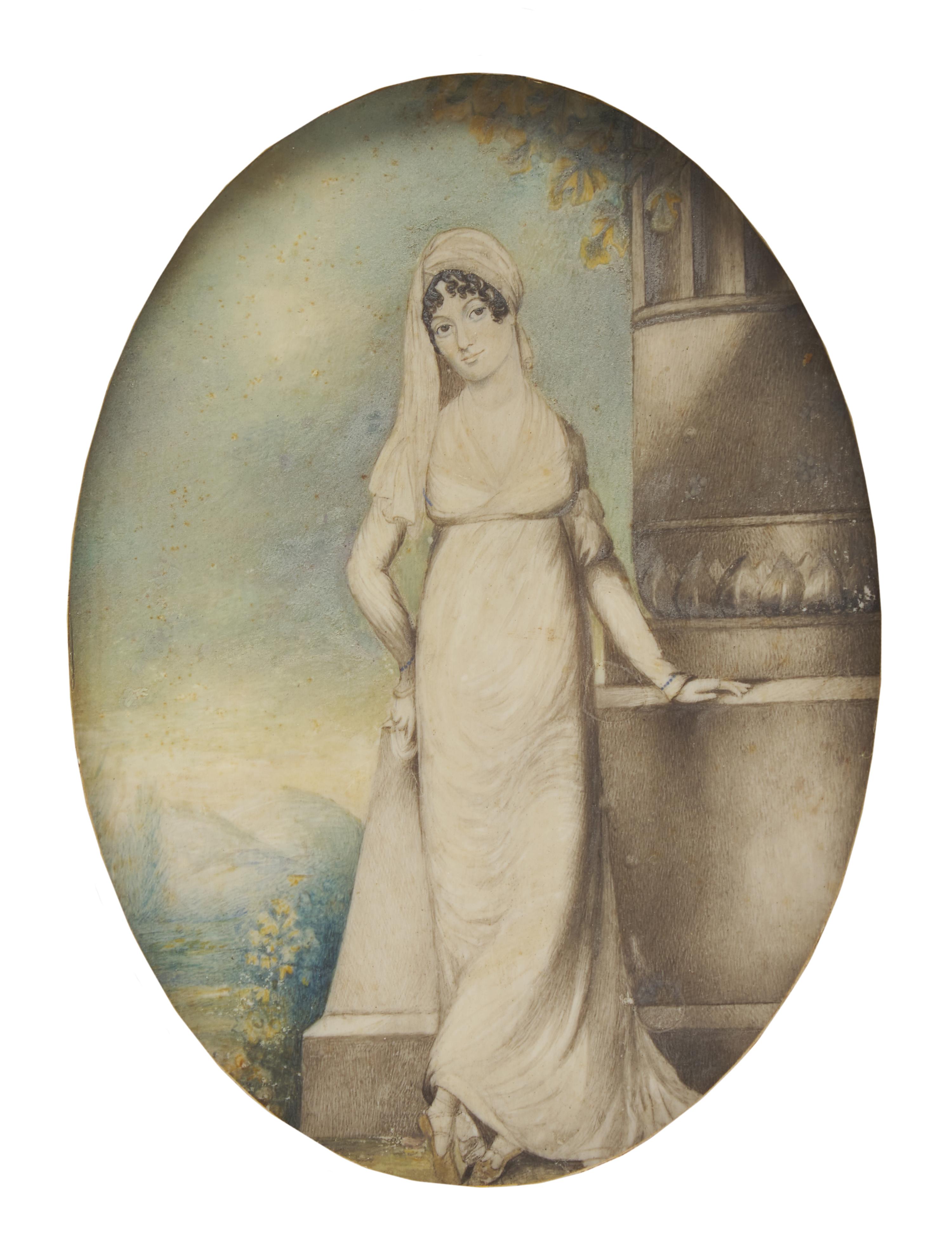 English School 19th Century, A Portrait Miniature of a Lady Against a Memorial