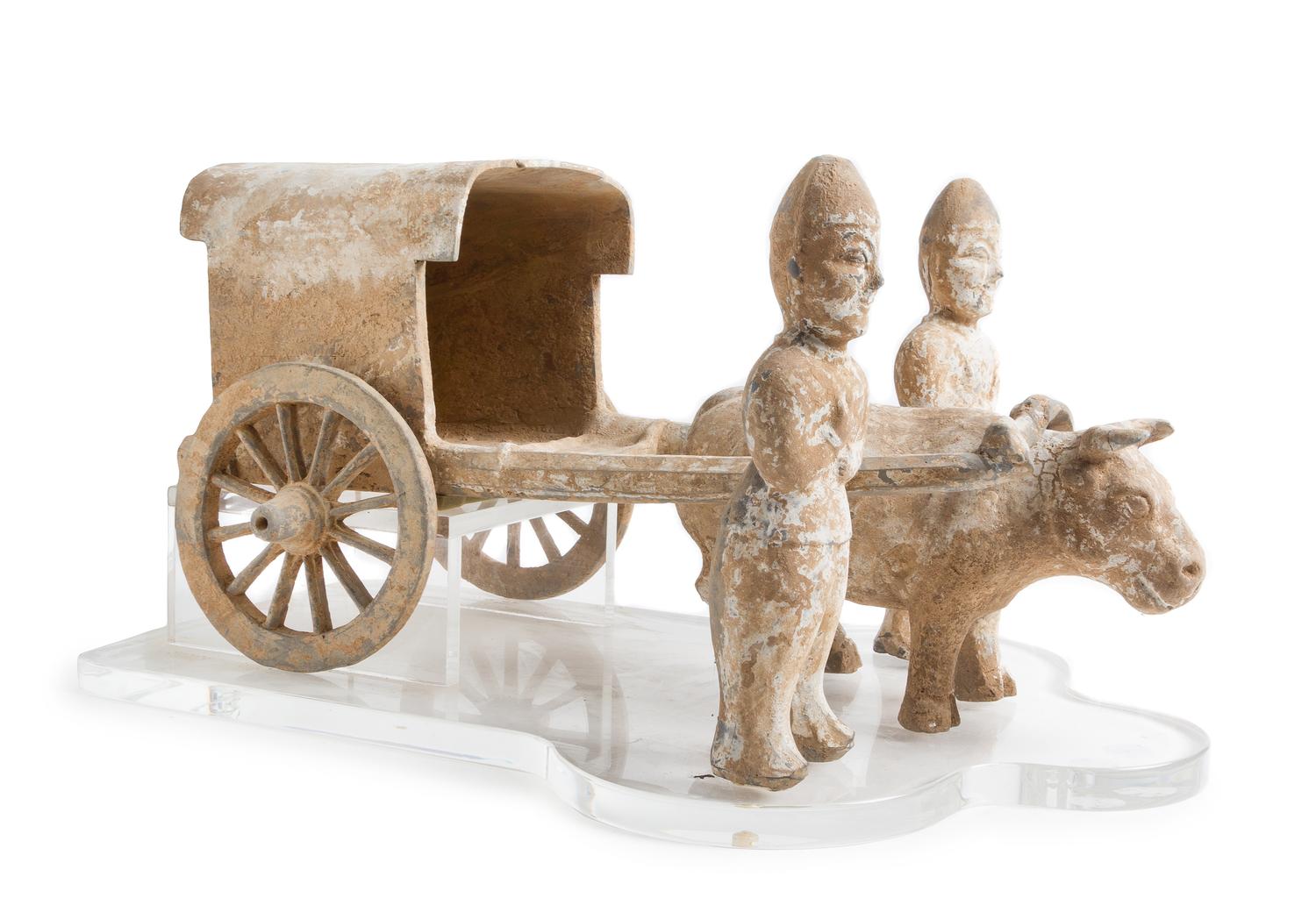 A Pottery Model of an Ox Cart with Two Standing Attendants — EASTERN HAN DYNASTY