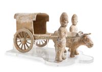 A Pottery Model of an Ox Cart with Two Standing Attendants — EASTERN HAN DYNASTY