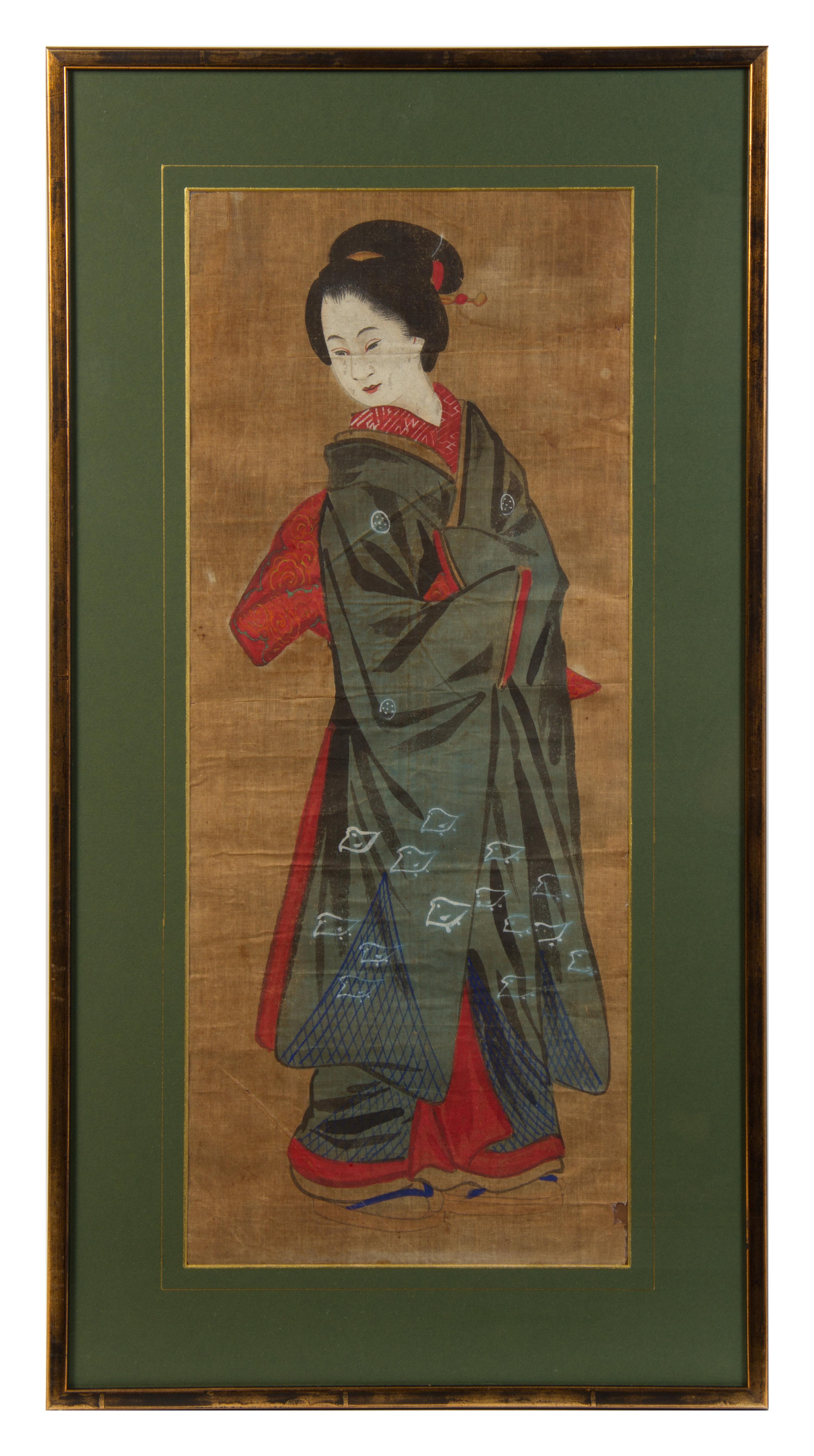 A Set of Six Japanese Paintings on Silk Each 26 1/4 x 10 1/2 inches. — 19TH CENTURY