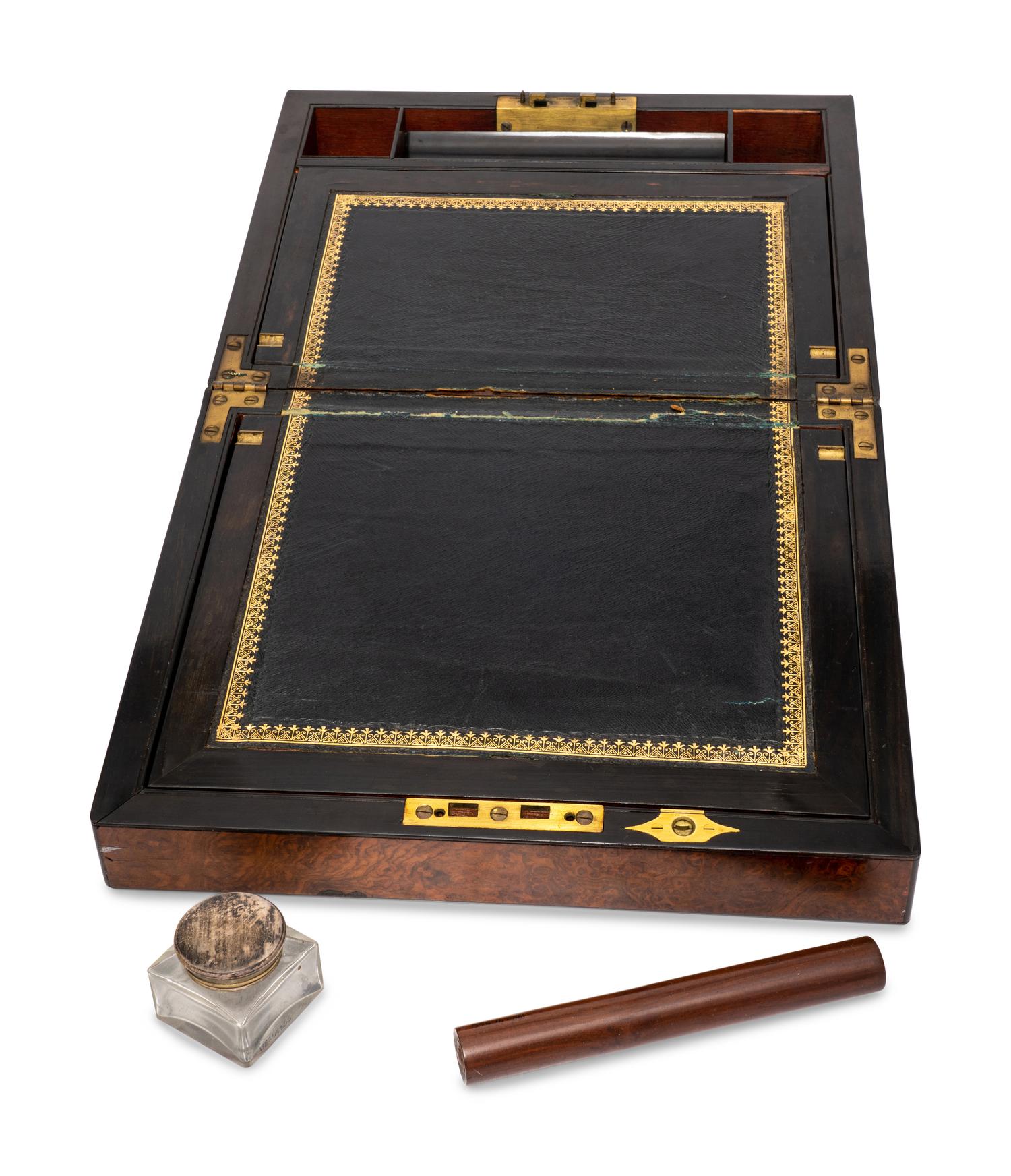 An English Burlwood Writing Slope and an English Burlwood Decanter Caddy