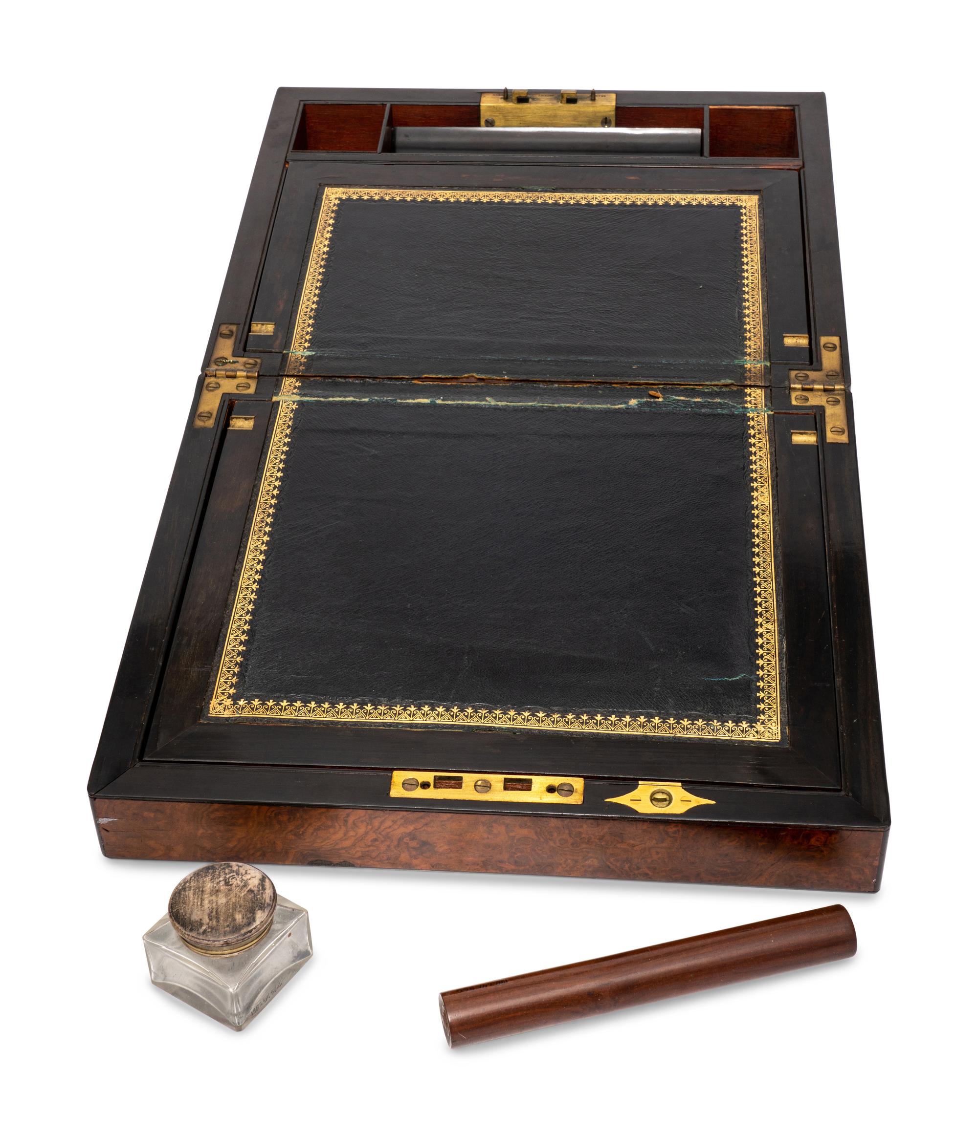 An English Burlwood Writing Slope and an English Burlwood Decanter Caddy