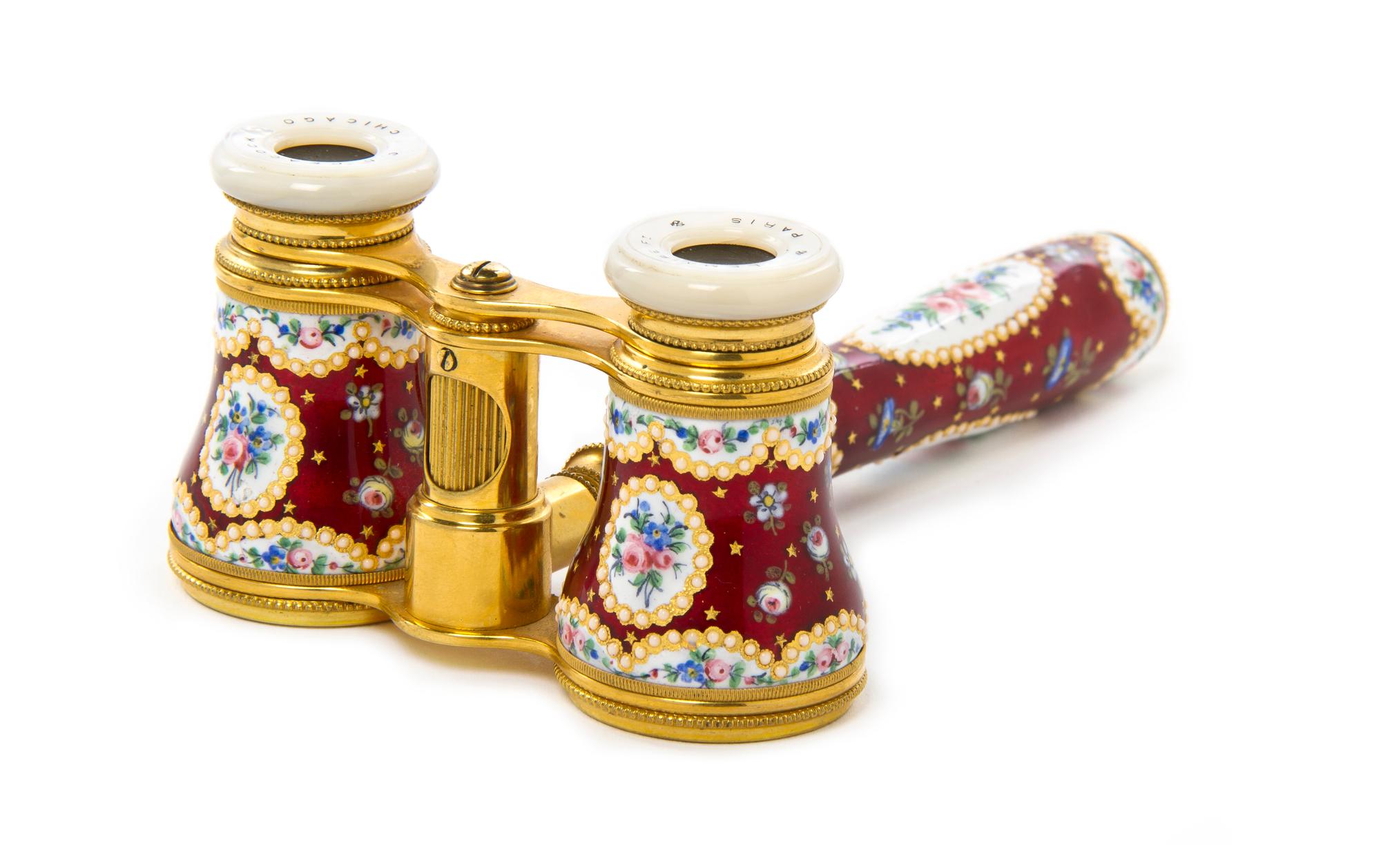 A Pair of French Enameled Opera Glasses, Lemaire, Width 3 7/8 inches.