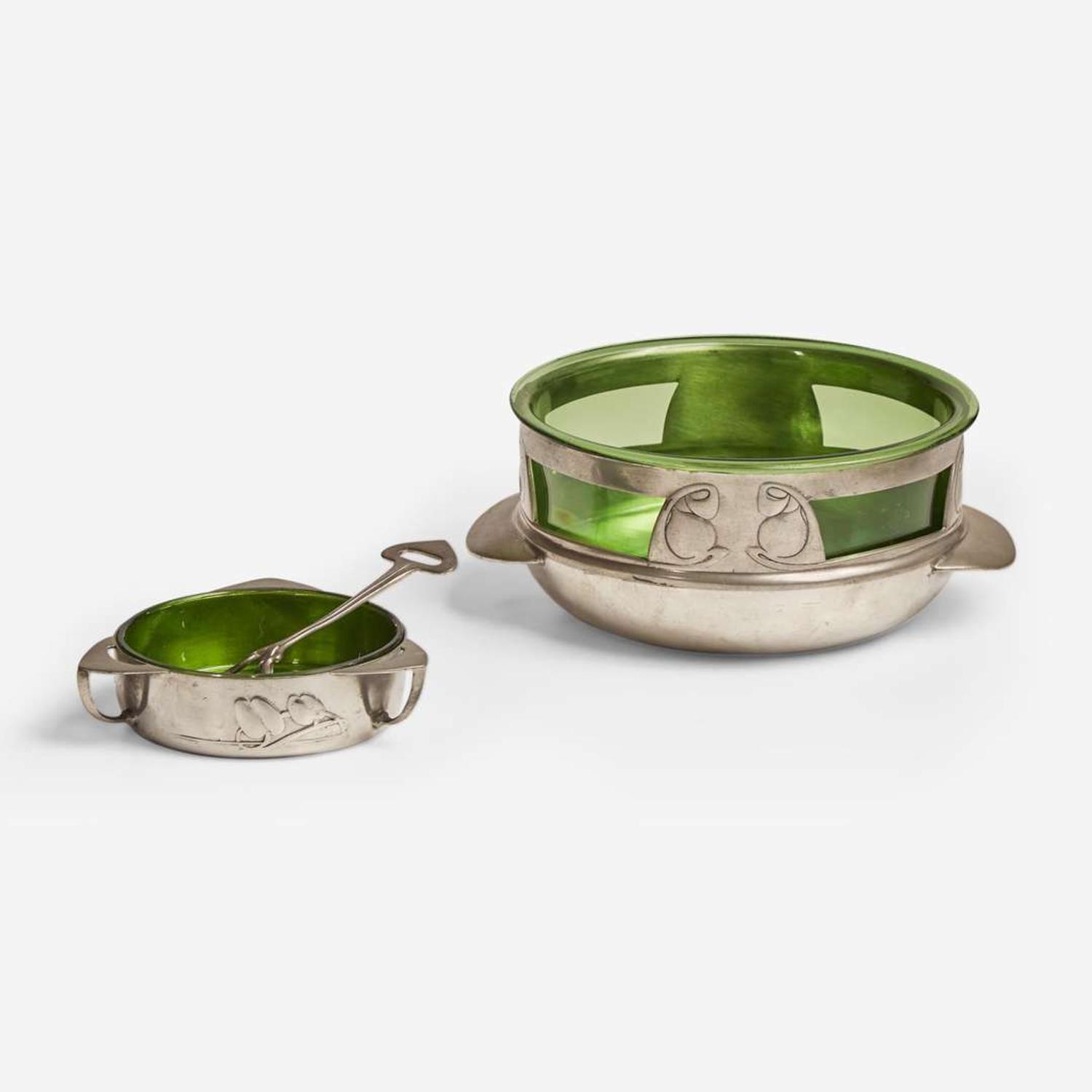 Archibald Knox for Liberty & Co., London A "Tudric" Pewter Bowl, Butter Dish, and Spoon, England, circa 1902-1905