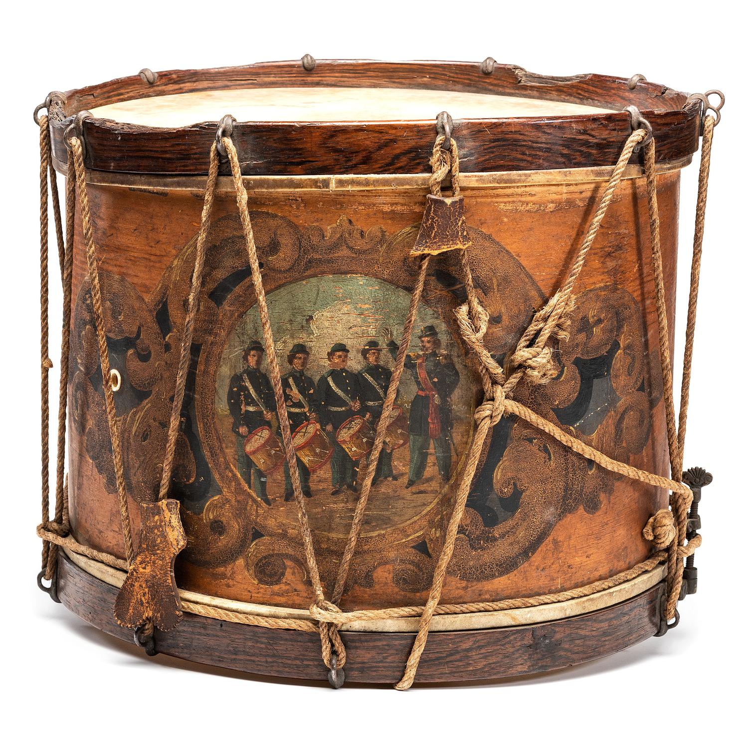 Civil War painted military snare drum featuring four drummers and officer. Manufactured by W.G. Metzerott & Co., Washington City, DC.