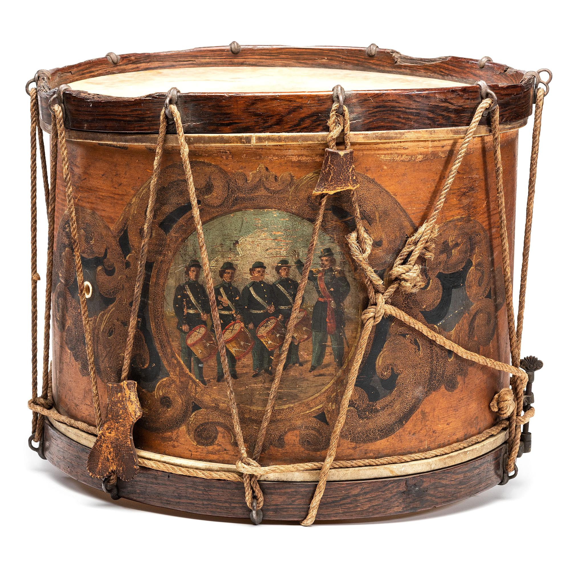 Civil War painted military snare drum featuring four drummers and officer. Manufactured by W.G. Metzerott & Co., Washington City, DC.