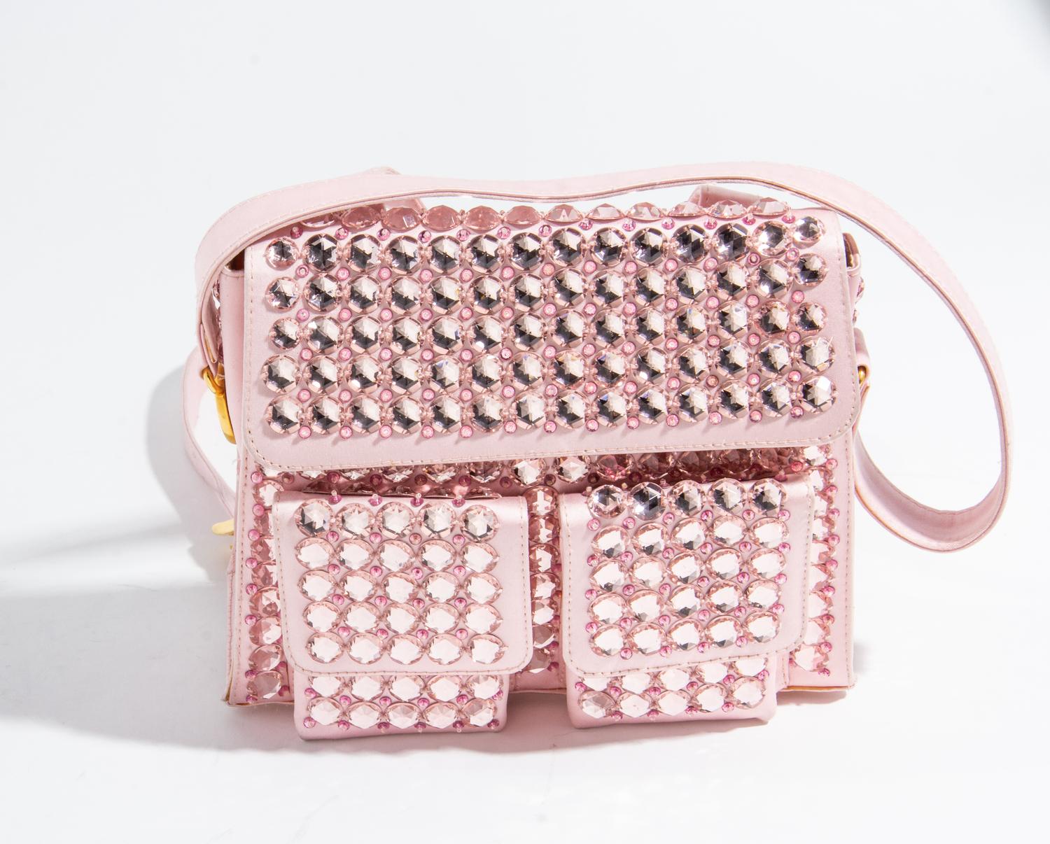 A Gianni Versace Pink Silk and Rhinestone Backpack, 8.5" x 7" x 2.75"; Handle drop: 6".