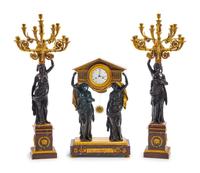 A Large French Gilt and Patinated Bronze and Rouge Marble Three-Piece Clock Garniture
