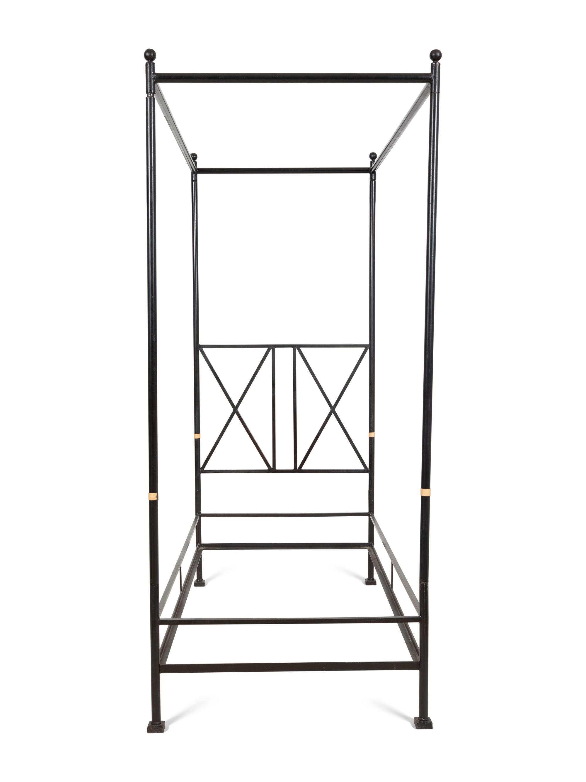 A Pair of Bronzed Metal Twin Four Poster Beds with Bed Hangings