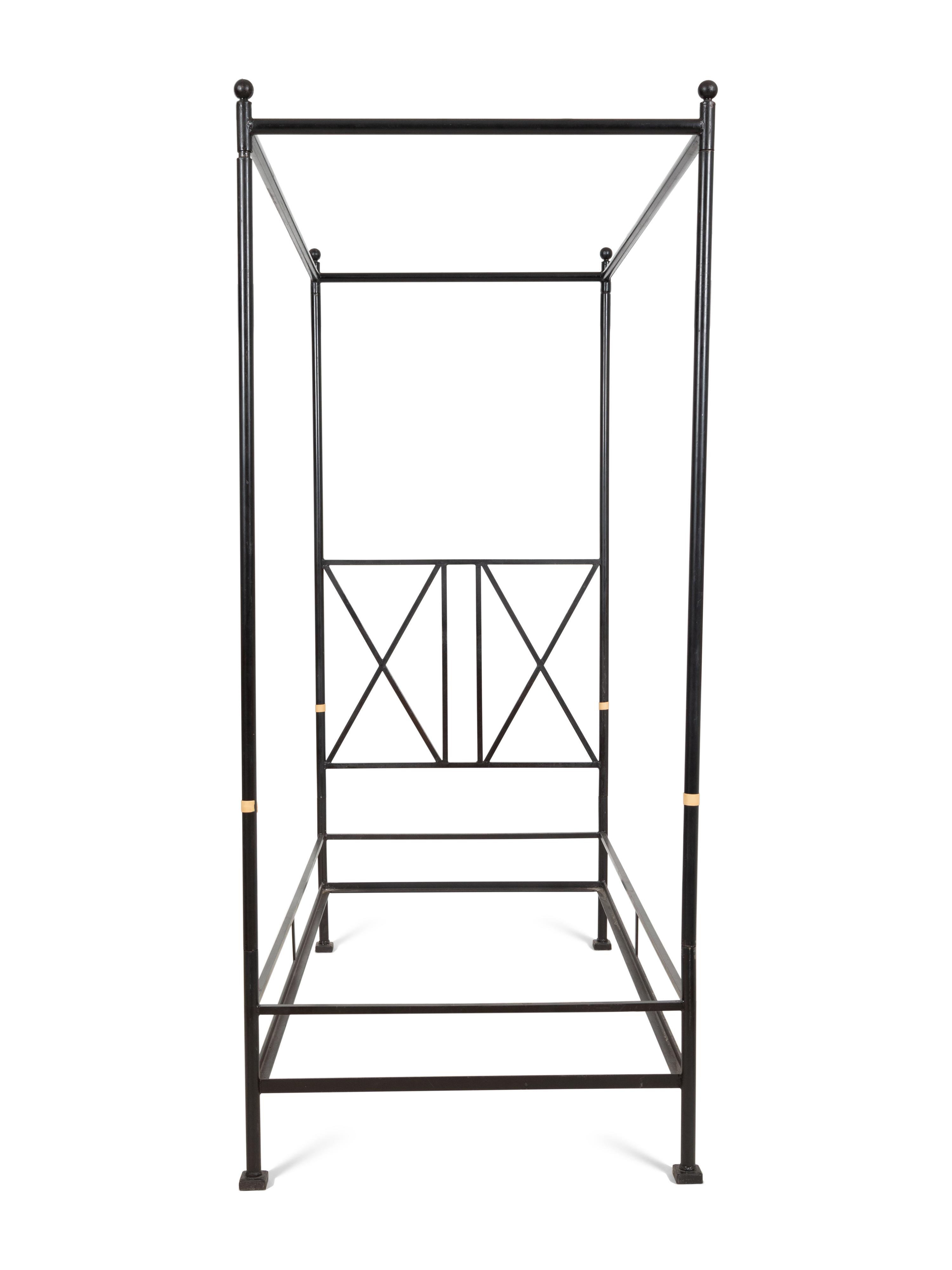 A Pair of Bronzed Metal Twin Four Poster Beds with Bed Hangings