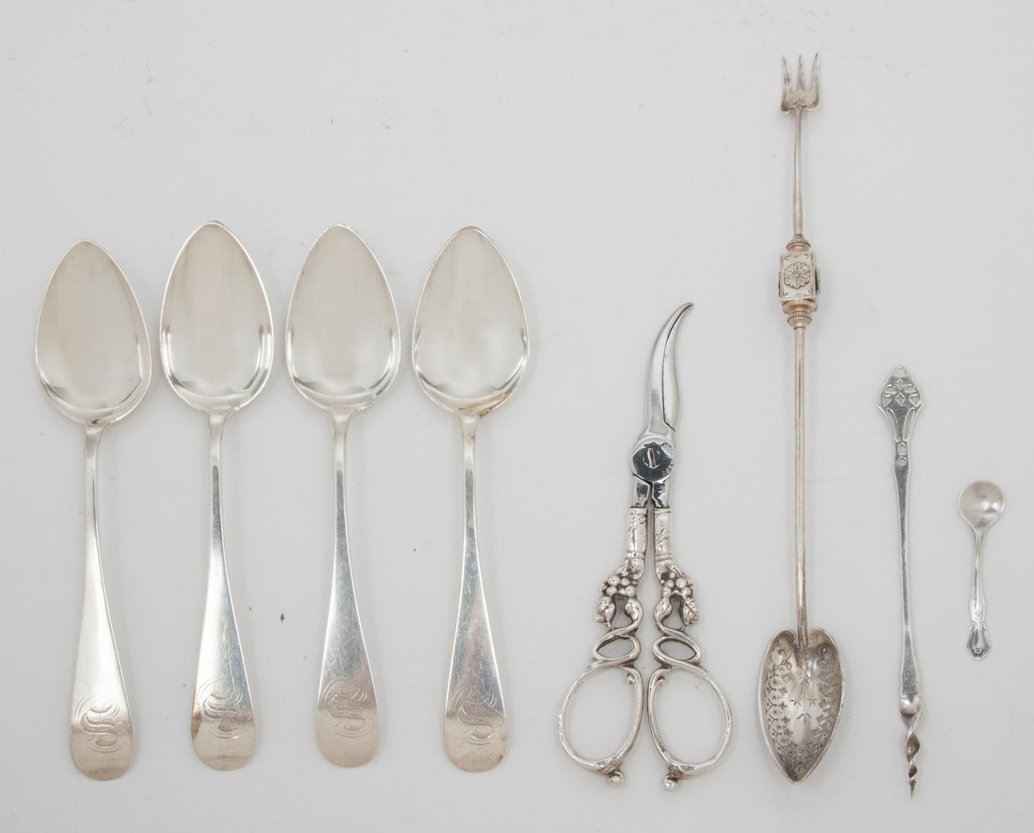 A Group of Sterling and Coin Silver Articles, , comprising: 4 Ormsby & Gray coin silver spoons 1 pair of sterling handled grape shears