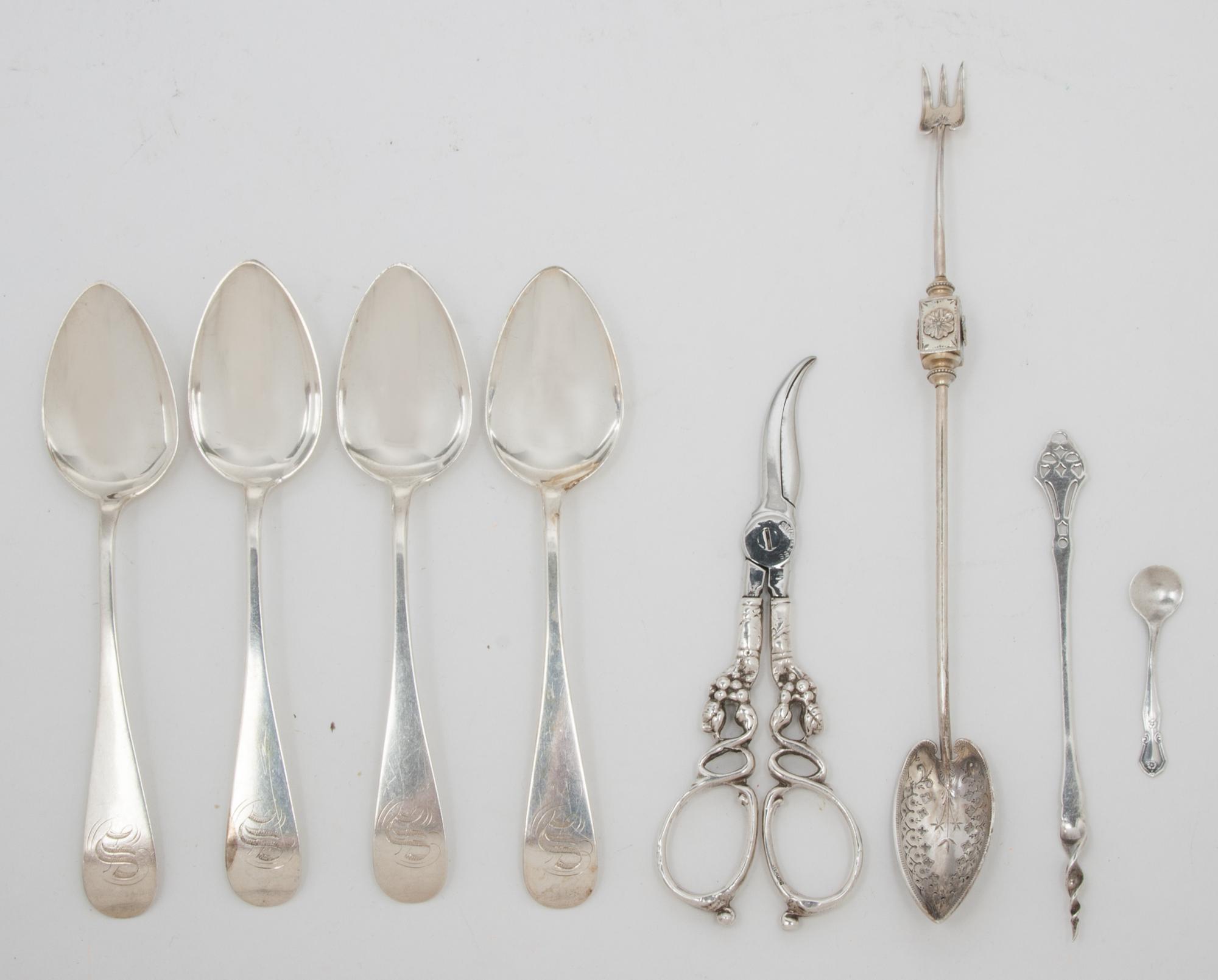 A Group of Sterling and Coin Silver Articles, , comprising: 4 Ormsby & Gray coin silver spoons 1 pair of sterling handled grape shears