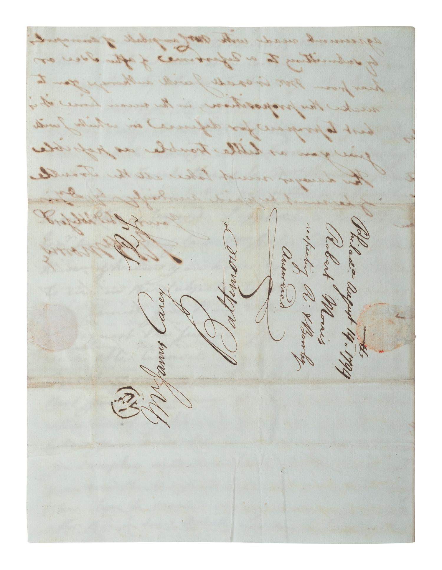 MORRIS, Robert (1734-1806). Autograph letter signed ("Robt. Morris") as United States Senator. Philadelphia, 14 August 1794.