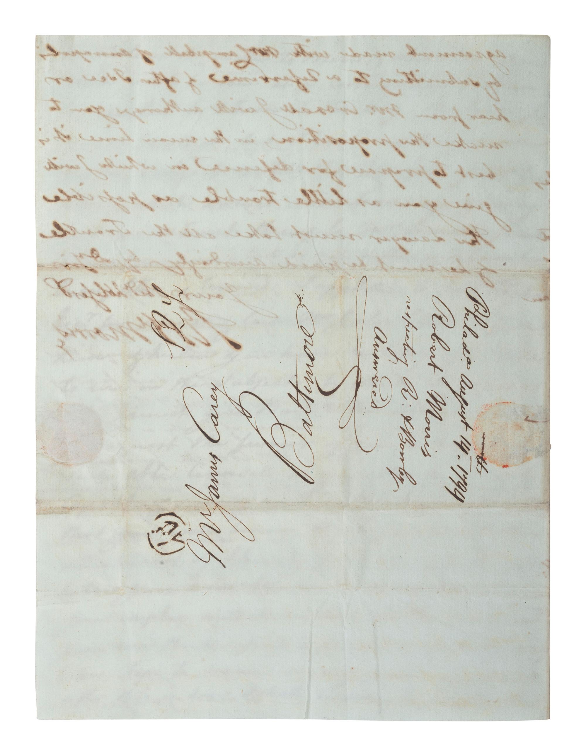 MORRIS, Robert (1734-1806). Autograph letter signed ("Robt. Morris") as United States Senator. Philadelphia, 14 August 1794.