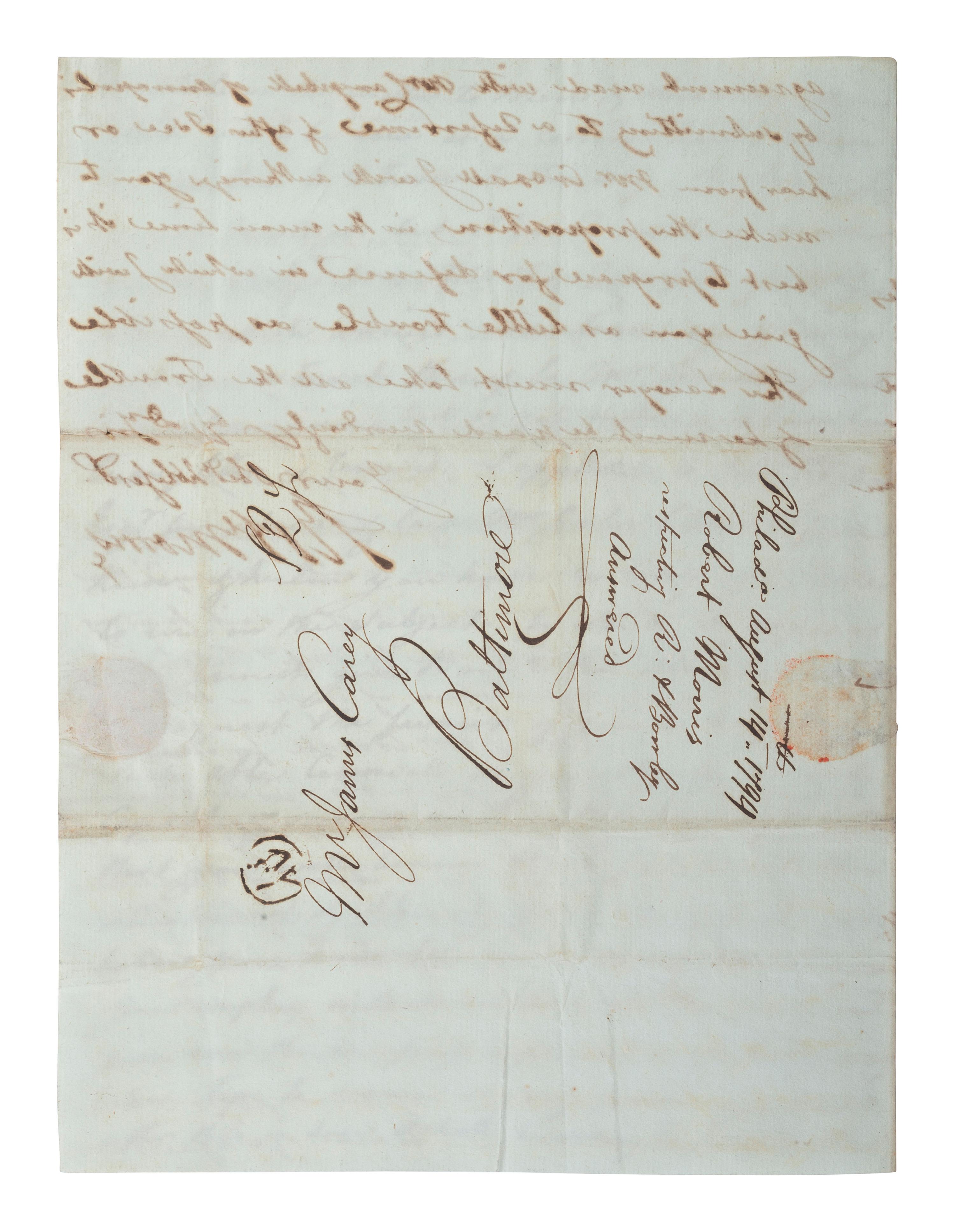 MORRIS, Robert (1734-1806). Autograph letter signed ("Robt. Morris") as United States Senator. Philadelphia, 14 August 1794.