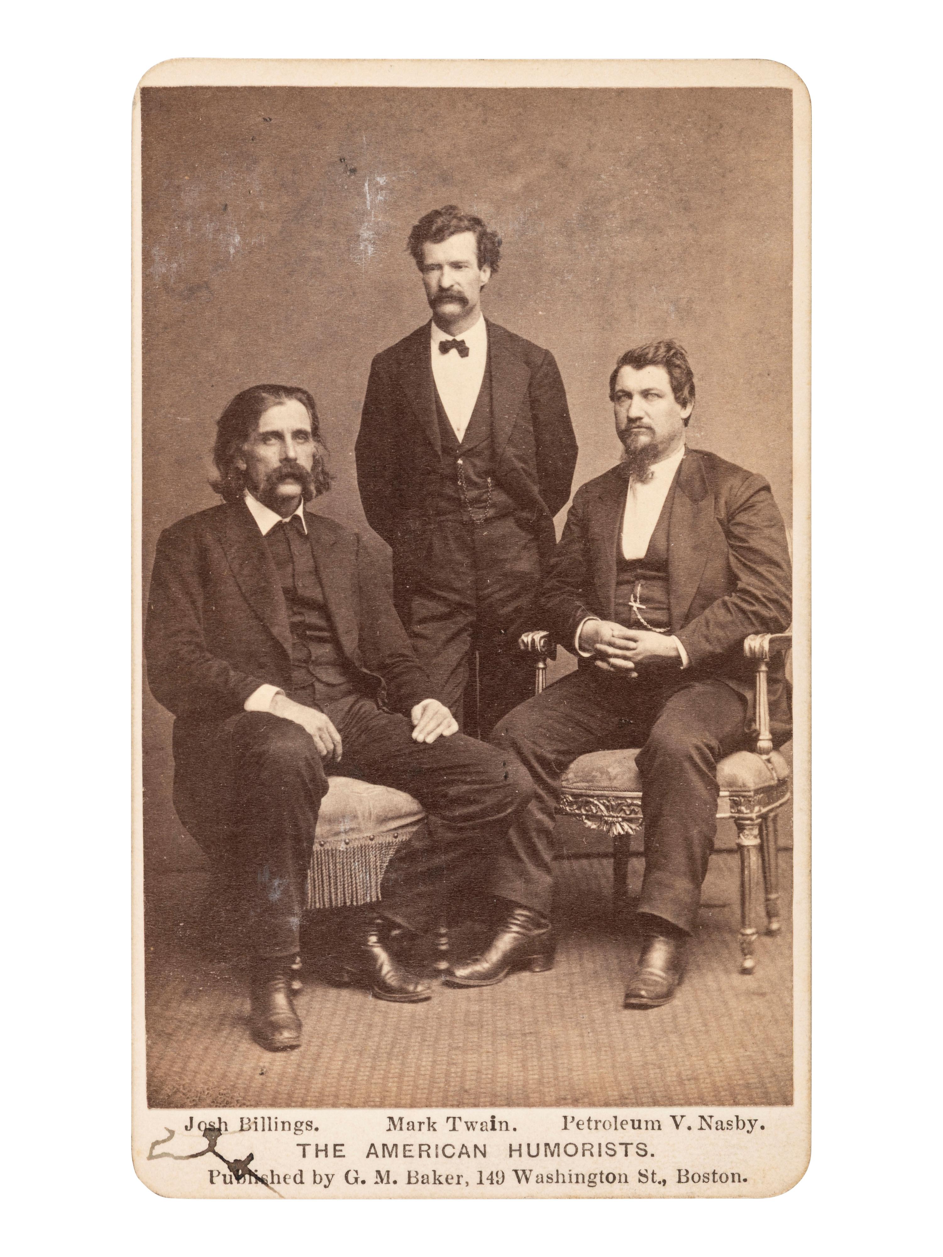 [TWAIN, Mark (1835-1910)]. The American Humorists. CDV featuring TWAIN, BILLINGS, & NASBY.