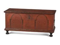 A Chippendale Red and Black Paint Decorated Wrought-Iron Mounted Poplar Blanket Chest