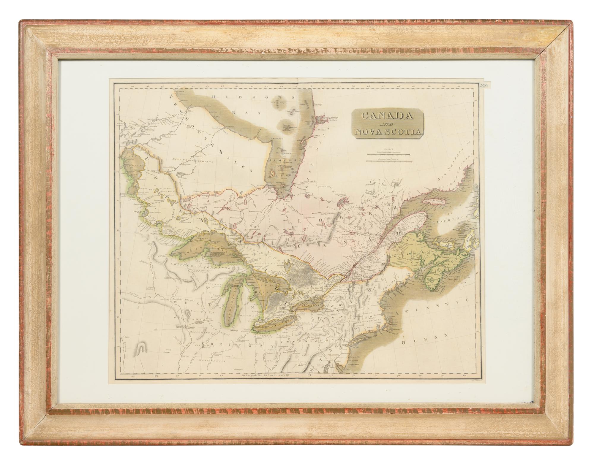 A Hand-Colored Engraving of a Map of Canada and Nova Scotia