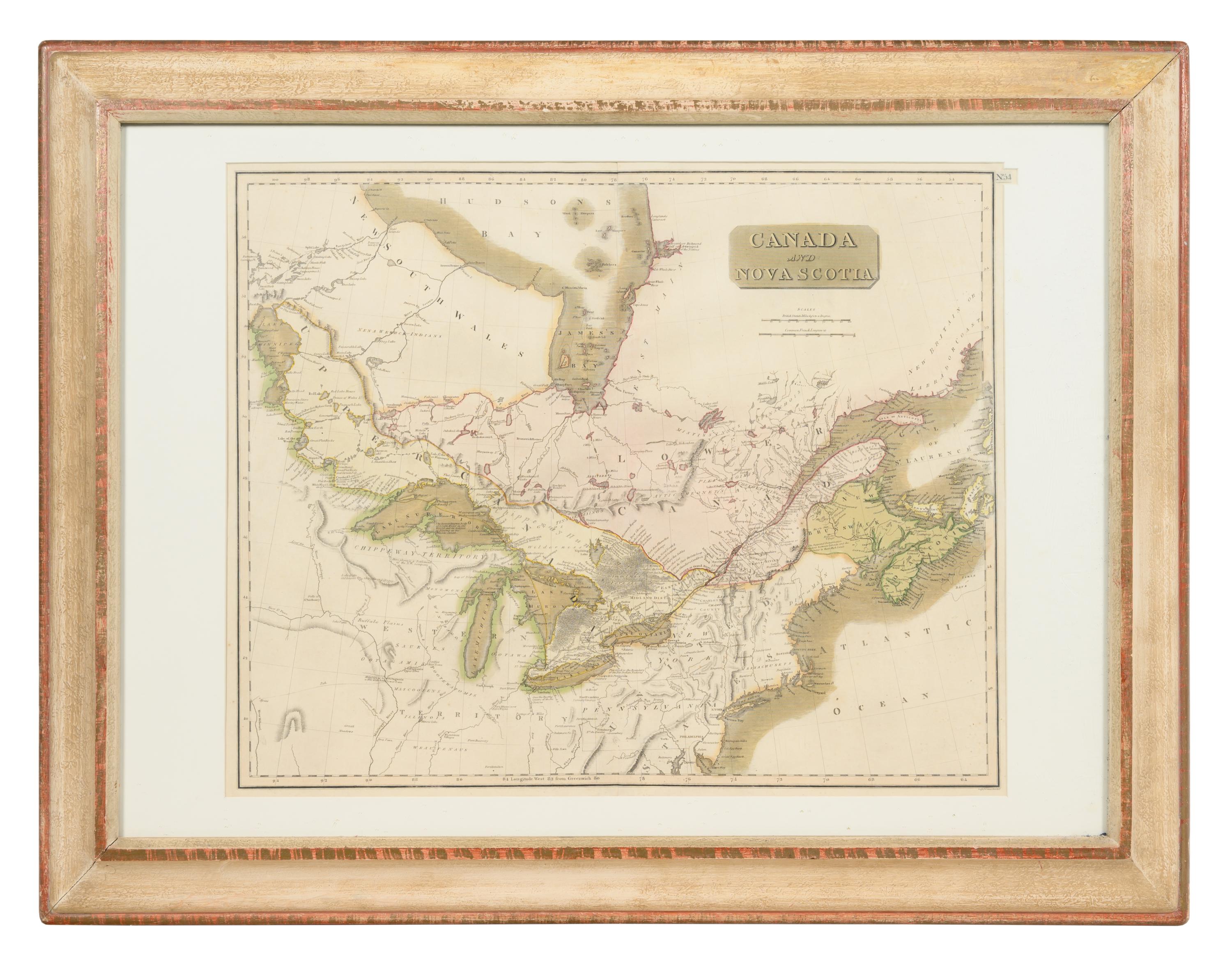 A Hand-Colored Engraving of a Map of Canada and Nova Scotia