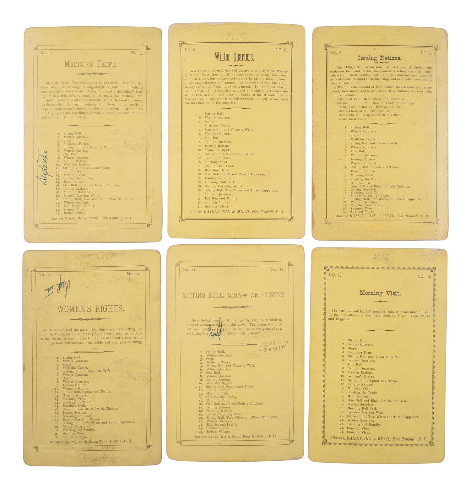 A group of 11 stereoviews documenting Sitting Bull's internment at Fort Randall, Dakota Territory. Bailey, Dix, and Mead, 1882.
