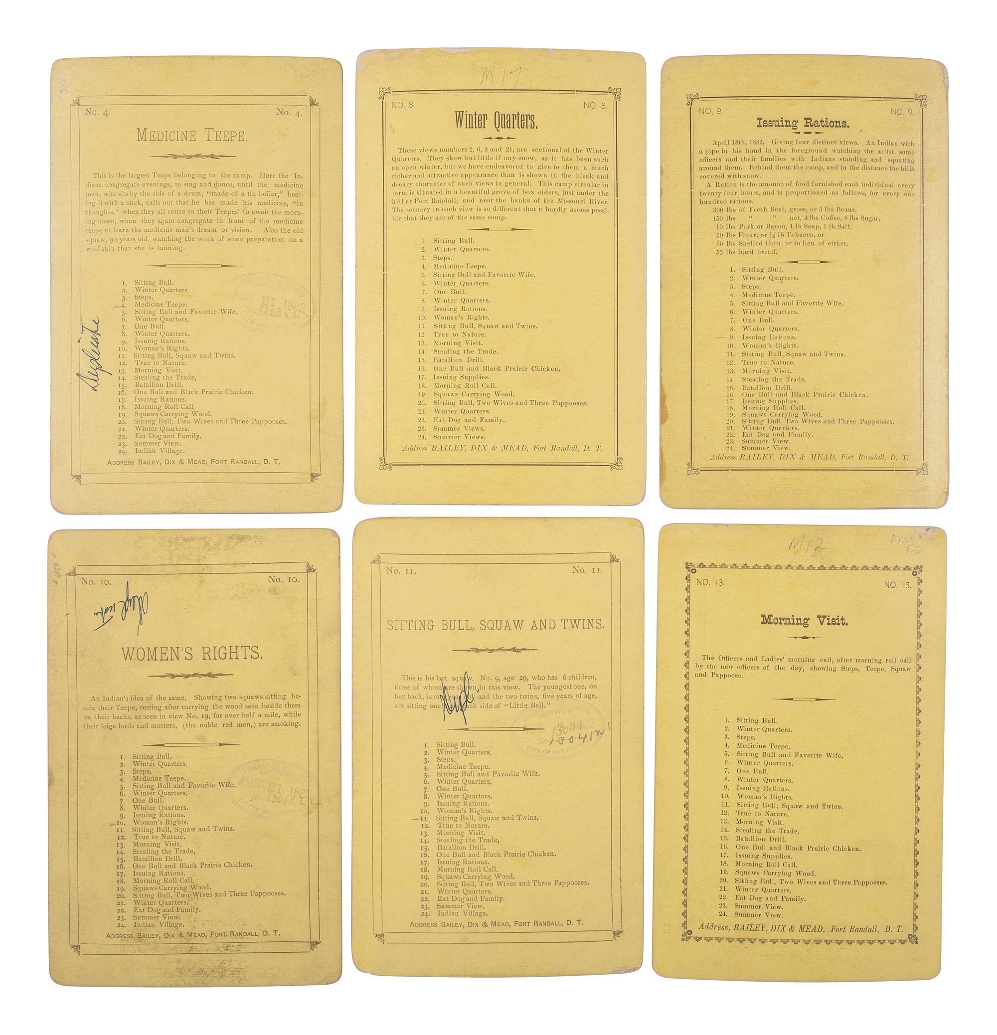 A group of 11 stereoviews documenting Sitting Bull's internment at Fort Randall, Dakota Territory. Bailey, Dix, and Mead, 1882.