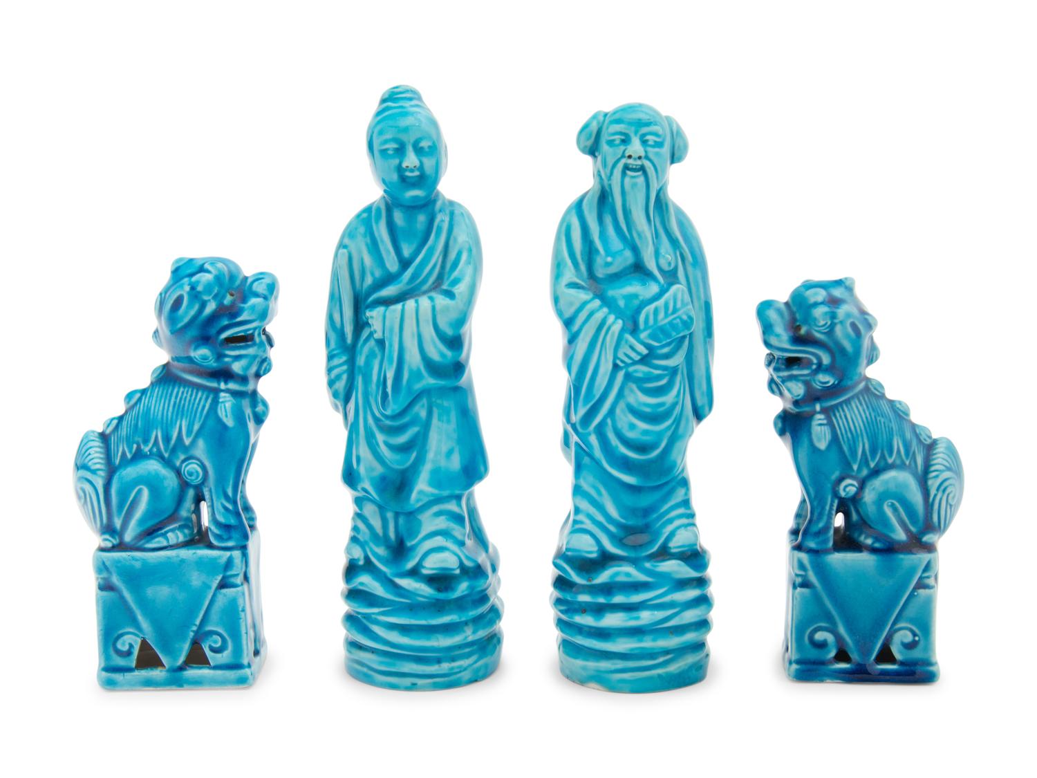 Two Pairs of Chinese Turquoise Glazed Porcelain Figures