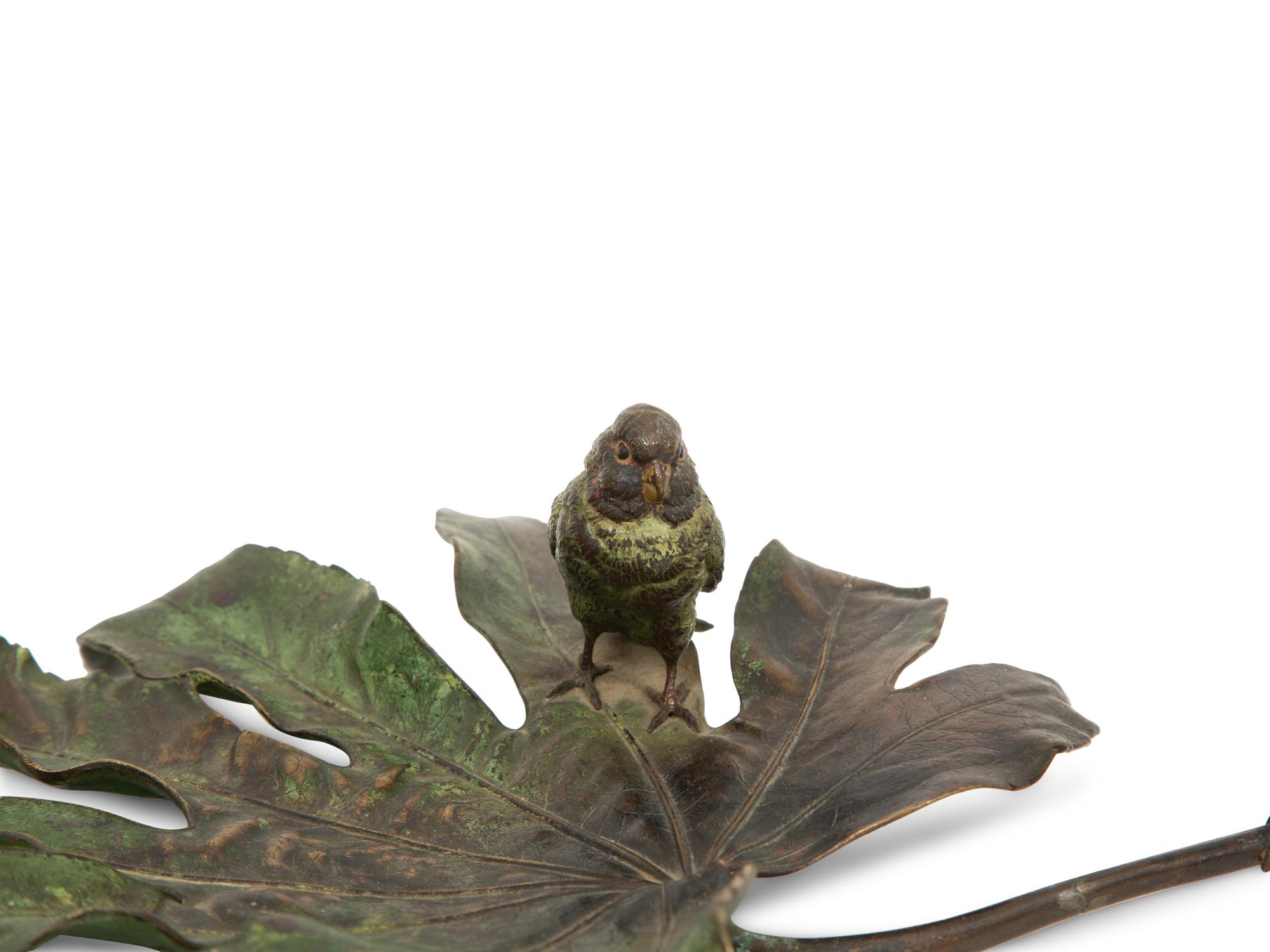 An Austrian Cold-Painted Bronze Parakeet Sitting on a Leaf