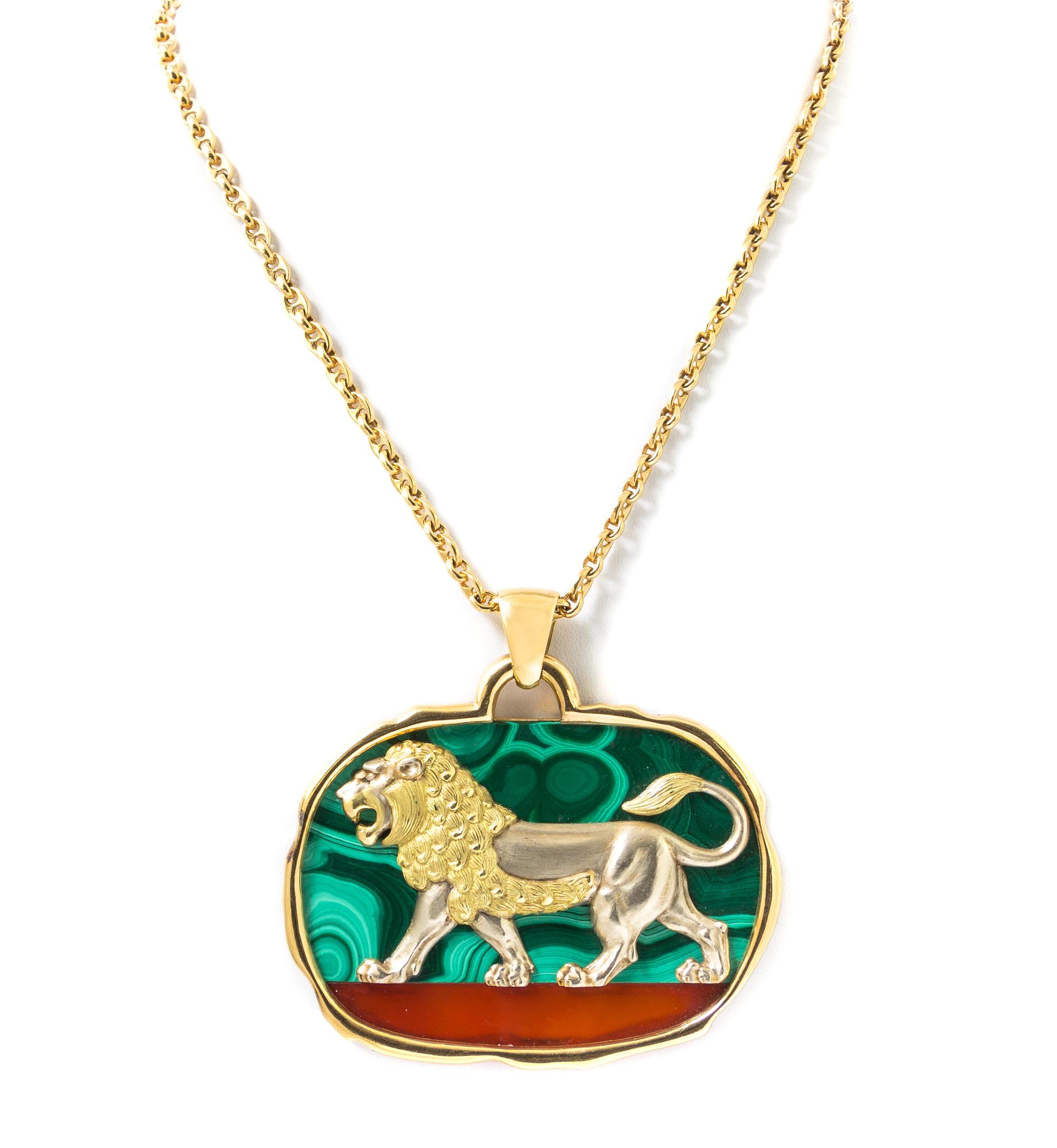 An 18 Karat Yellow Gold, Malachite and Carnelian Lion Necklace, Van Cleef & Arpels, 77.20 dwts.