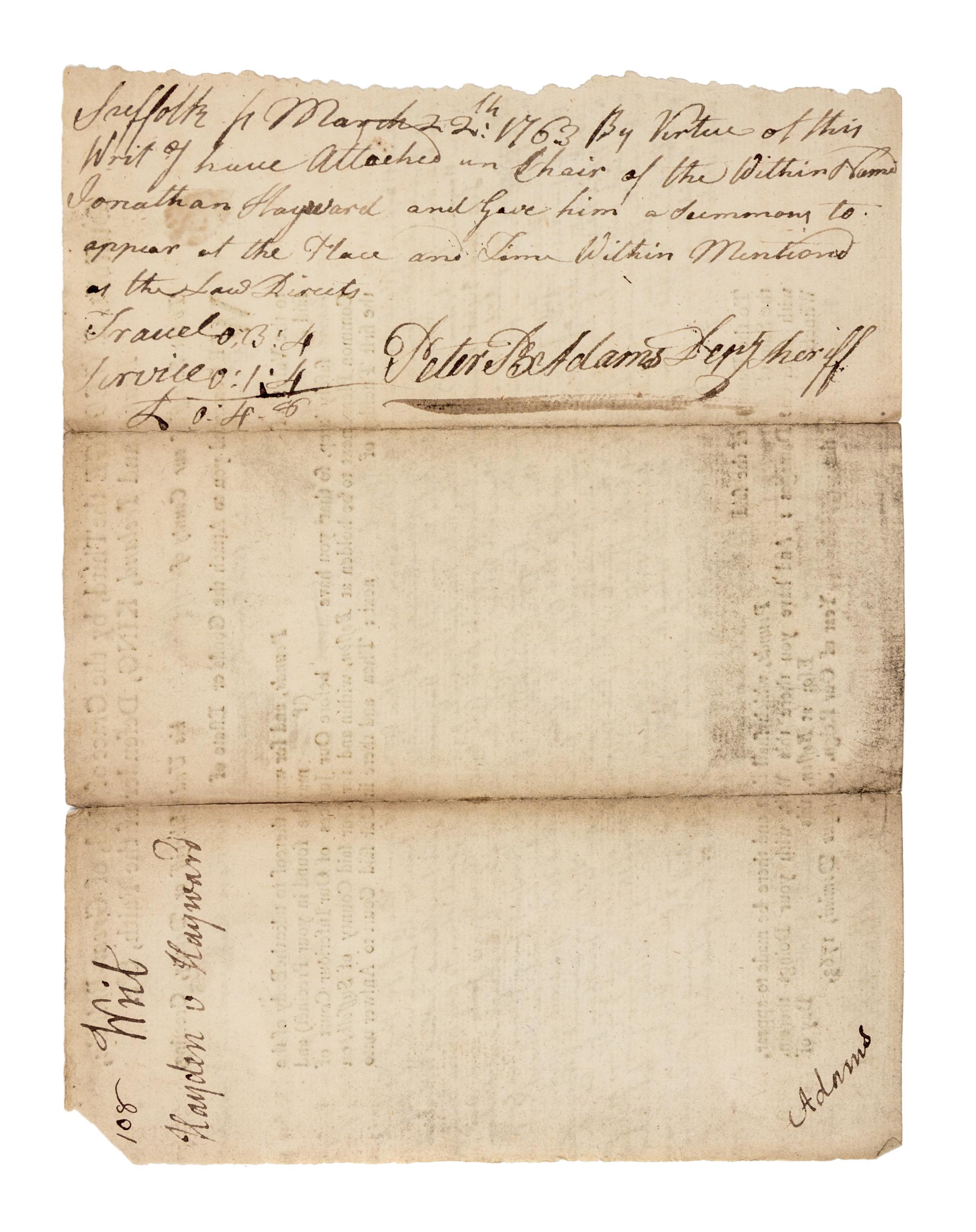 ADAMS, John (1735-1826). Partly printed document acomplished in Adams's holograph manuscript and signed ("Adams") in corner verso. 1763