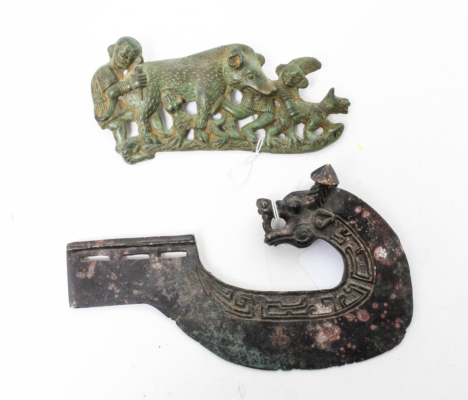 An Archaistic Patinated Metal Blade and a Buckle Fitting Width of first 8 inches. — 20TH CENTURY