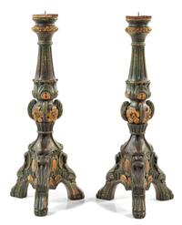 A Pair of Italian Painted and Parcel Gilt Prickets Height 39 3/4 inches.