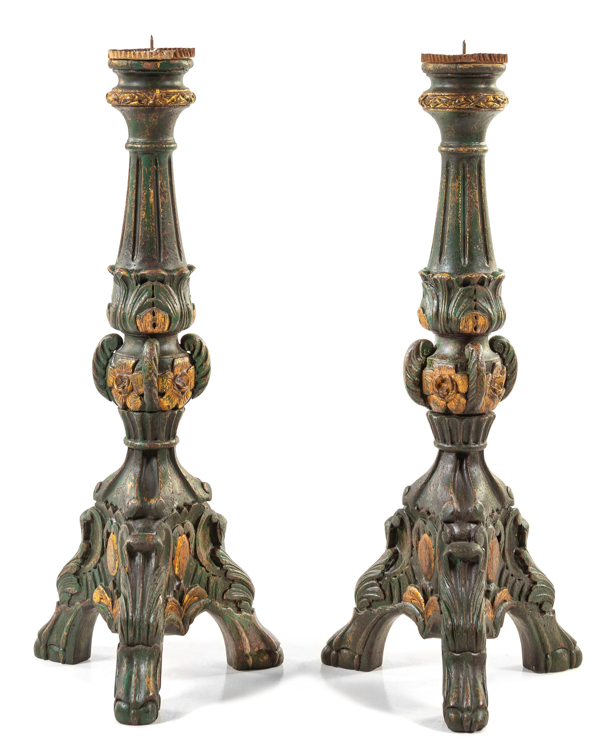 A Pair of Italian Painted and Parcel Gilt Prickets Height 39 3/4 inches.