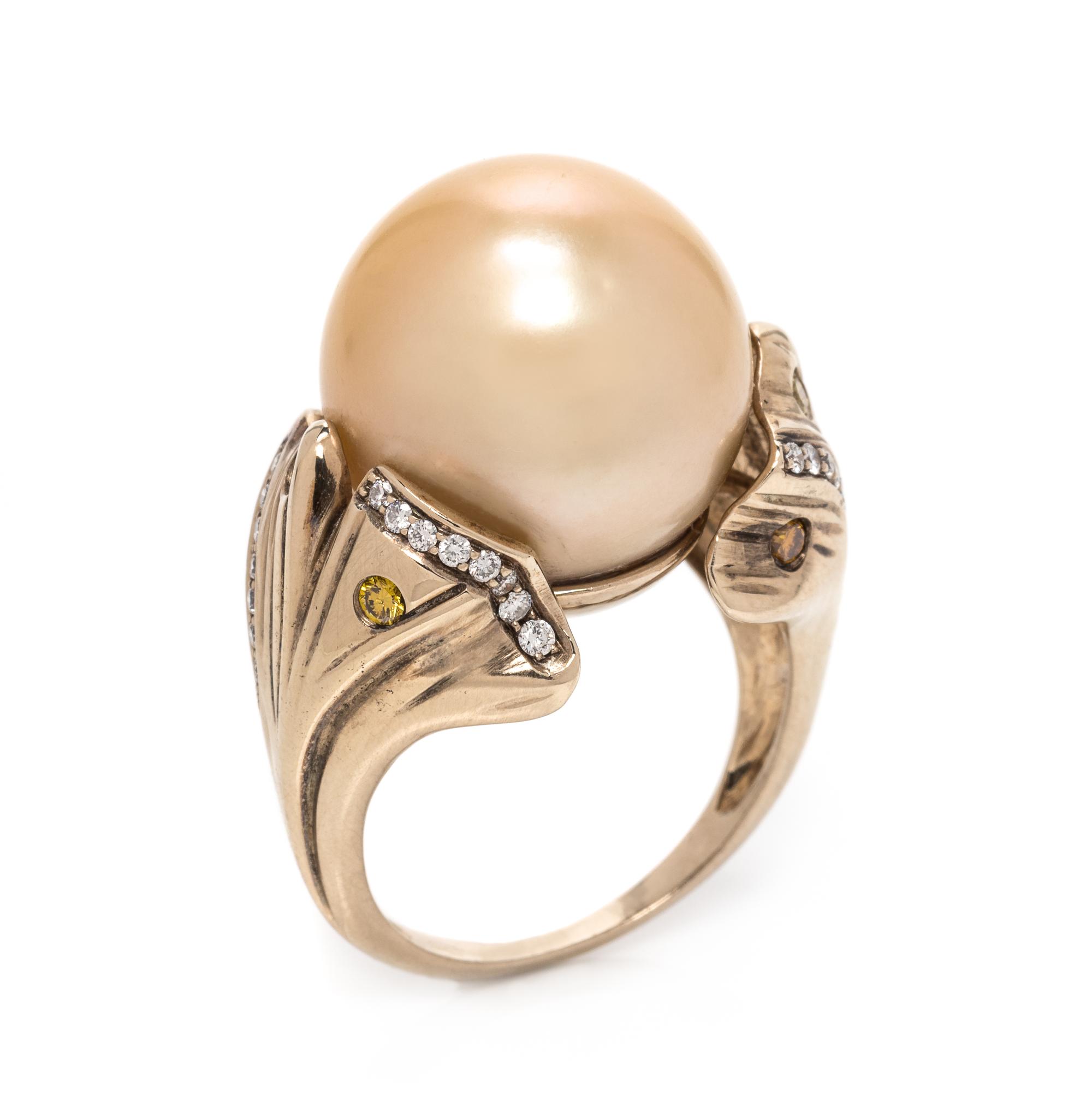 An 18 Karat Yellow Gold, Cultured Golden South Sea Pearl, Diamond and Colored Diamond Ring,