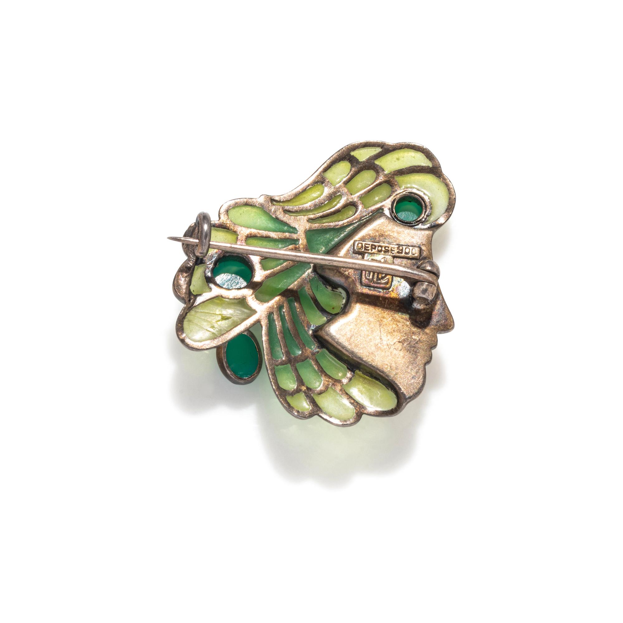 HEINRICH LEVINGER, JUGENSTIL, SILVER, CHRYSOPRASE AND PLIQUE-A-JOUR BROOCH