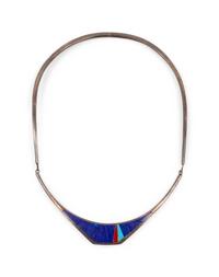 Silver Choker with Lapis, Coral, and Turquoise Mosaic Inlay