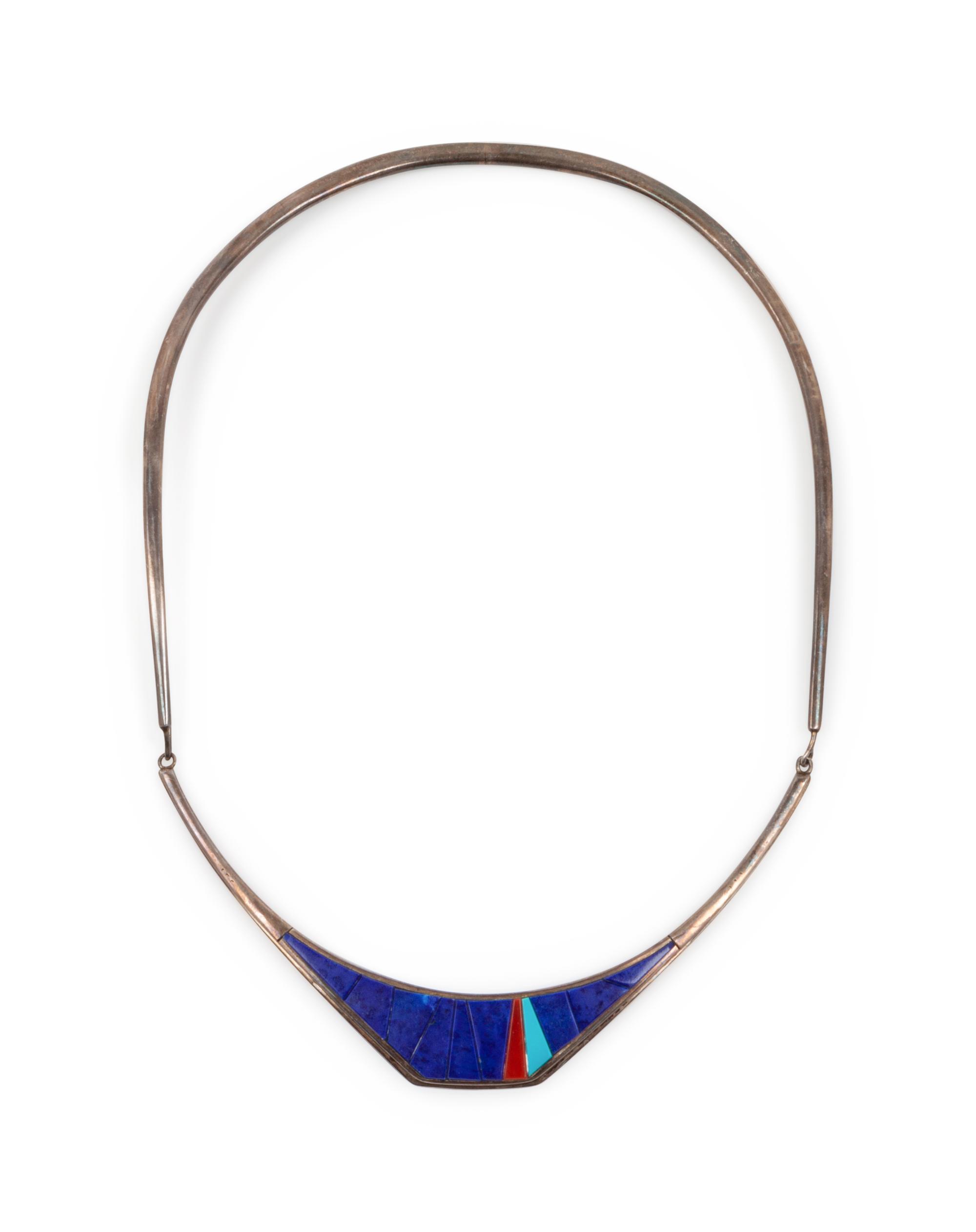 Silver Choker with Lapis, Coral, and Turquoise Mosaic Inlay
