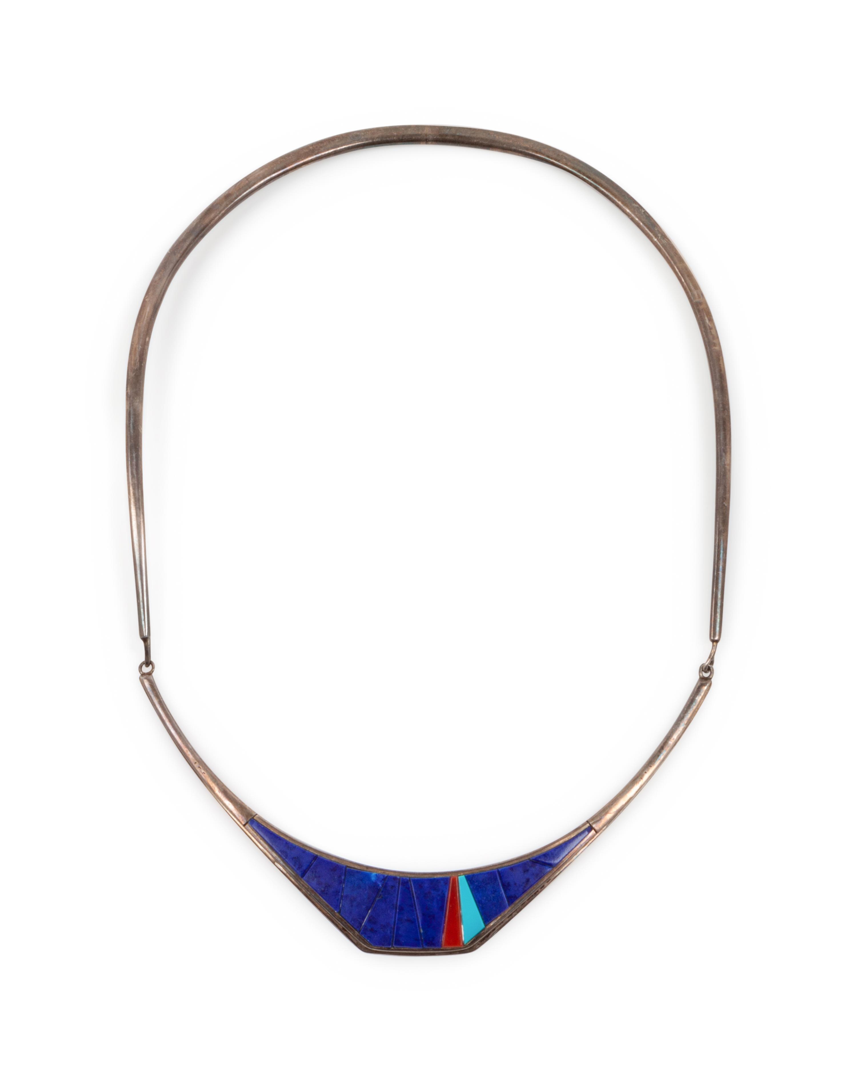 Silver Choker with Lapis, Coral, and Turquoise Mosaic Inlay