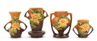 Four Roseville Waterlilly Pottery Vases Height of tallest 7 1/4 inches.