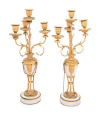 A Pair of French Gilt Bronze and Marble Four-Light Candelabra
