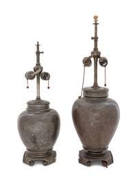 A Pair of Chinese Metal Jars Mounted as Lamps