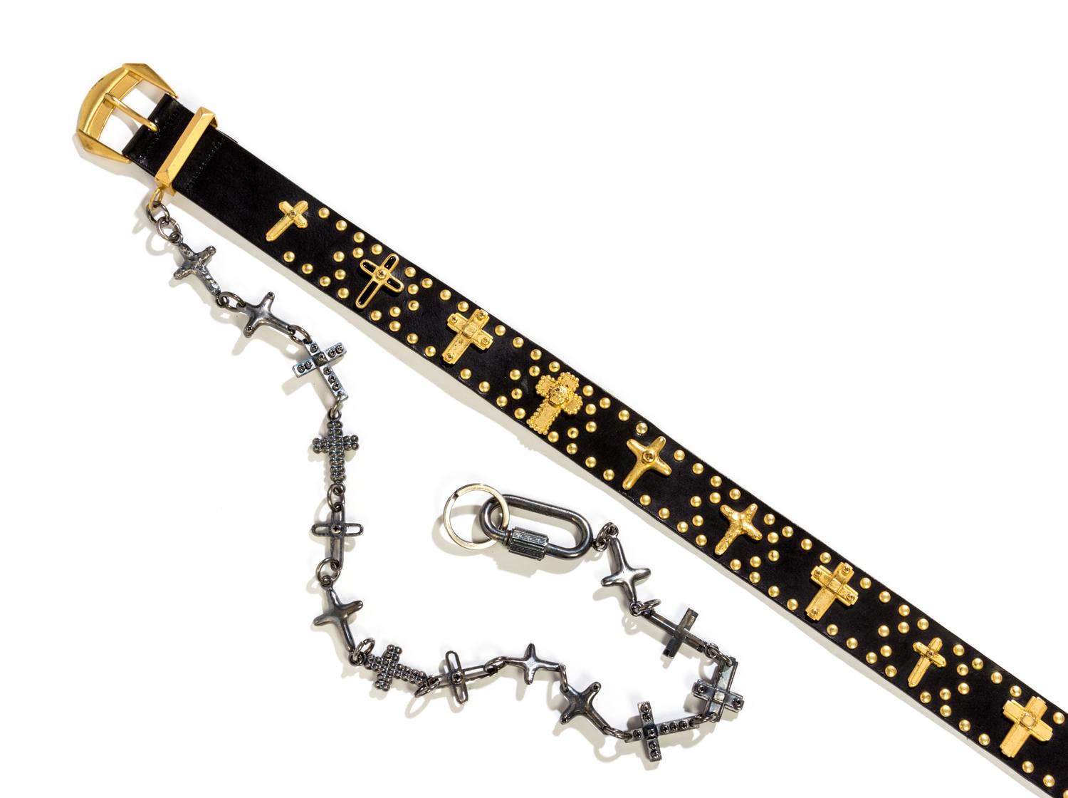 A Gianni Versace Limited Edition Black Leather Cross Belt, Belt width: 1.5"; Pin length: 6".