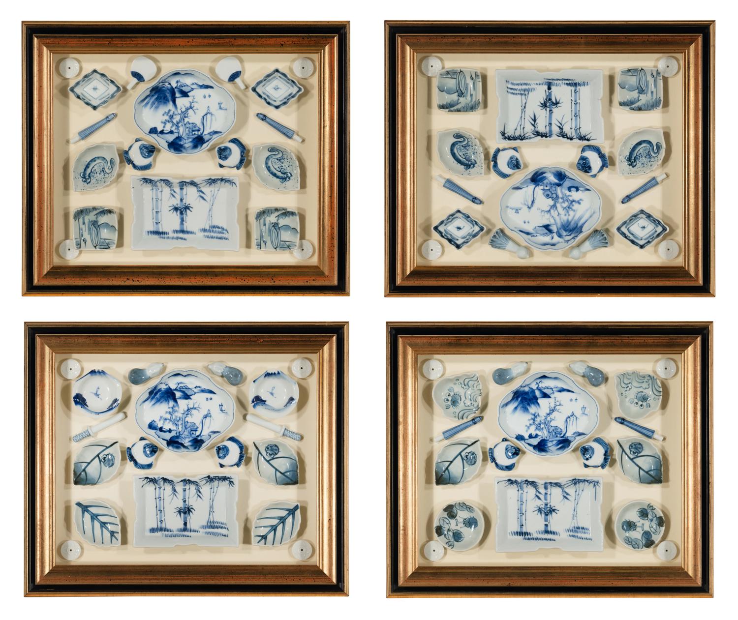 Four Shadow Boxes Mounted with Chinese Blue-and-White Porcelain Articles