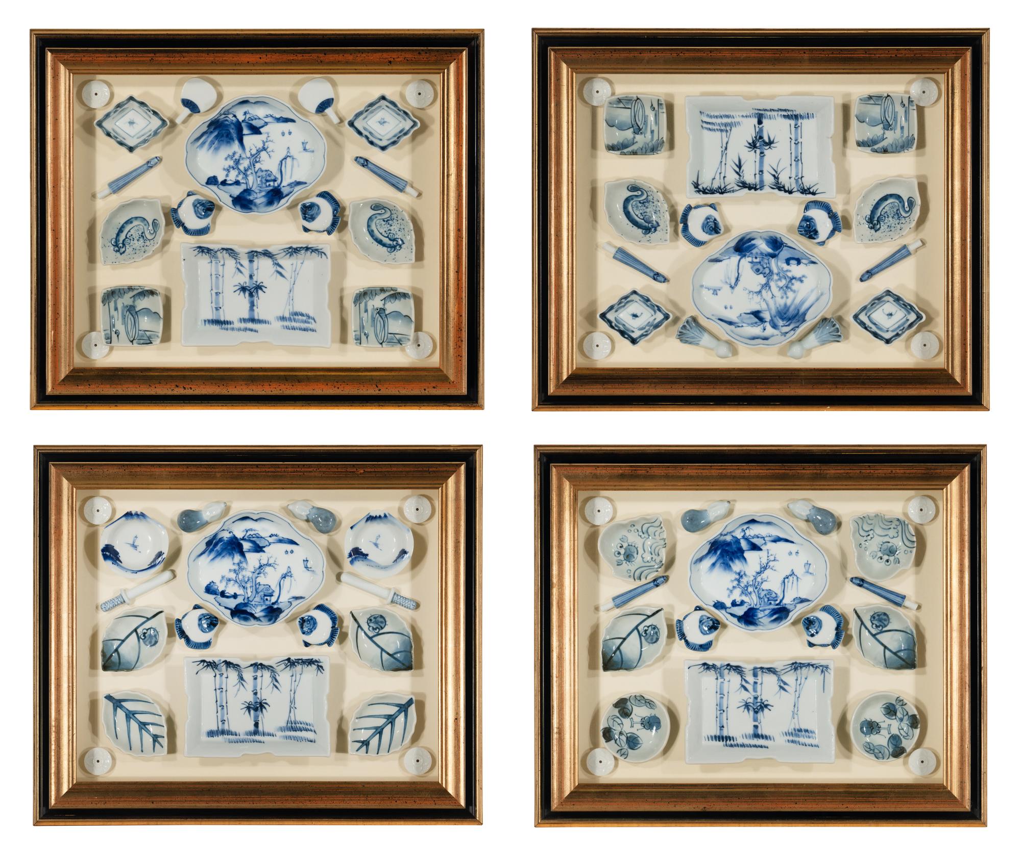 Four Shadow Boxes Mounted with Chinese Blue-and-White Porcelain Articles