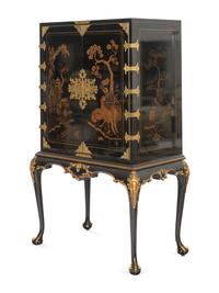 A Karges Queen Anne Style Black Lacquer and Gilt Japanned Bar Cabinet on Stand