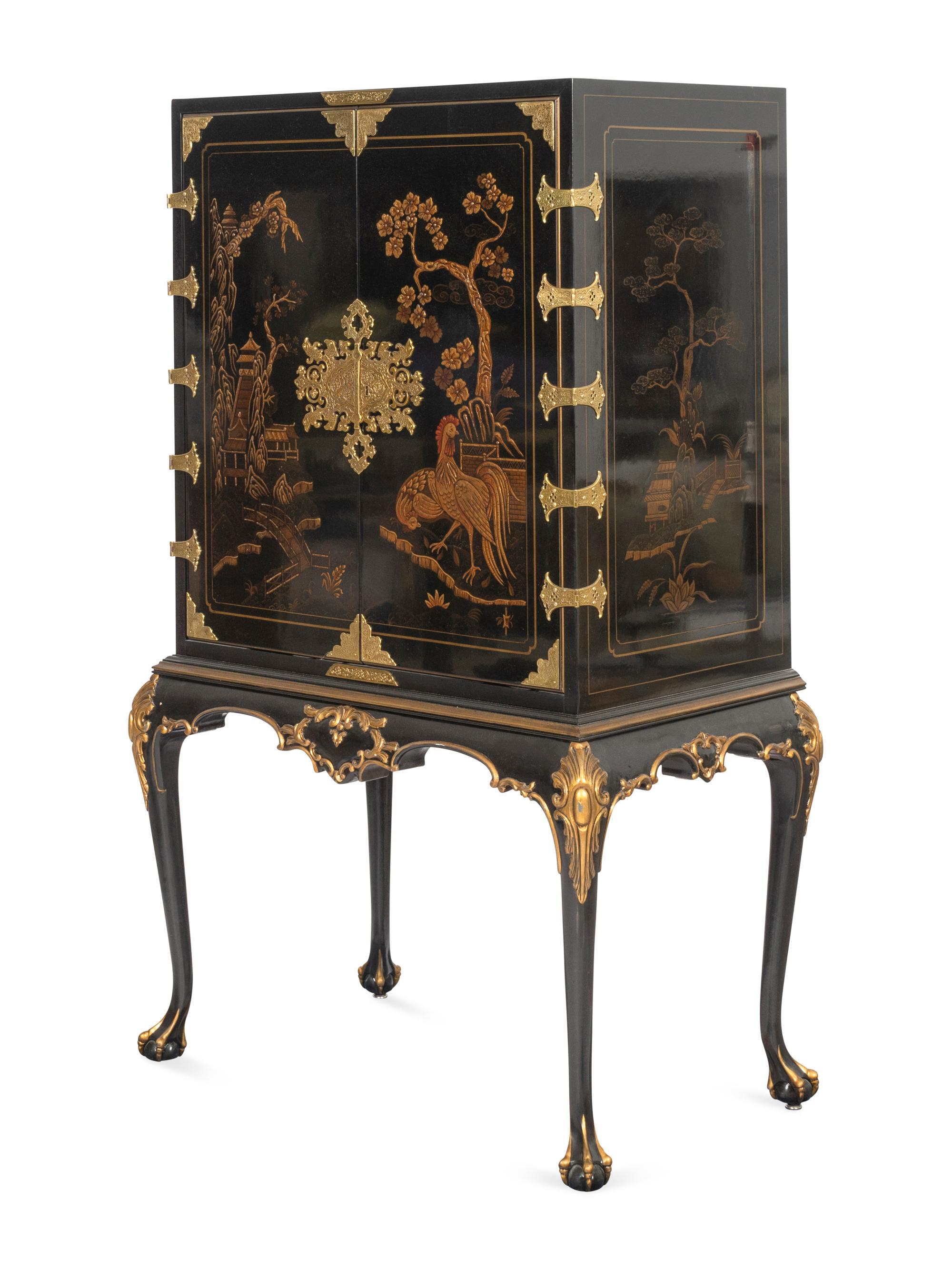 A Karges Queen Anne Style Black Lacquer and Gilt Japanned Bar Cabinet on Stand
