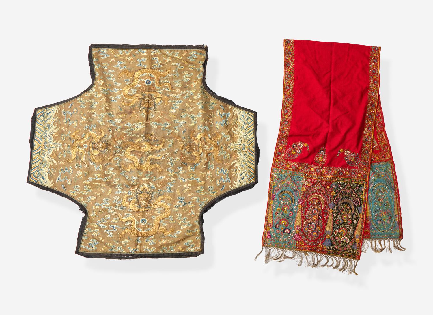 A Chinese “Dragon” Robe Fragment and An Indian or Kashmiri Embroidered Shawl