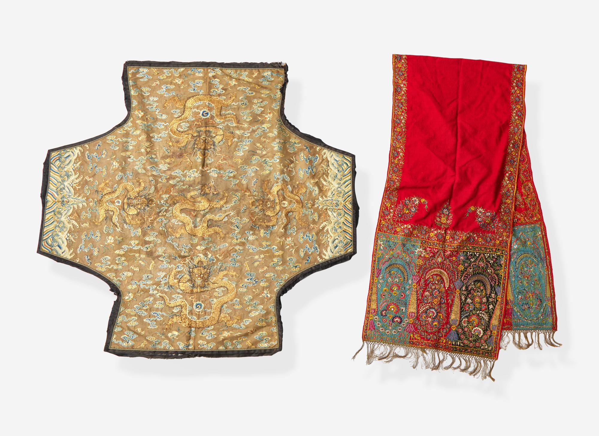 A Chinese “Dragon” Robe Fragment and An Indian or Kashmiri Embroidered Shawl