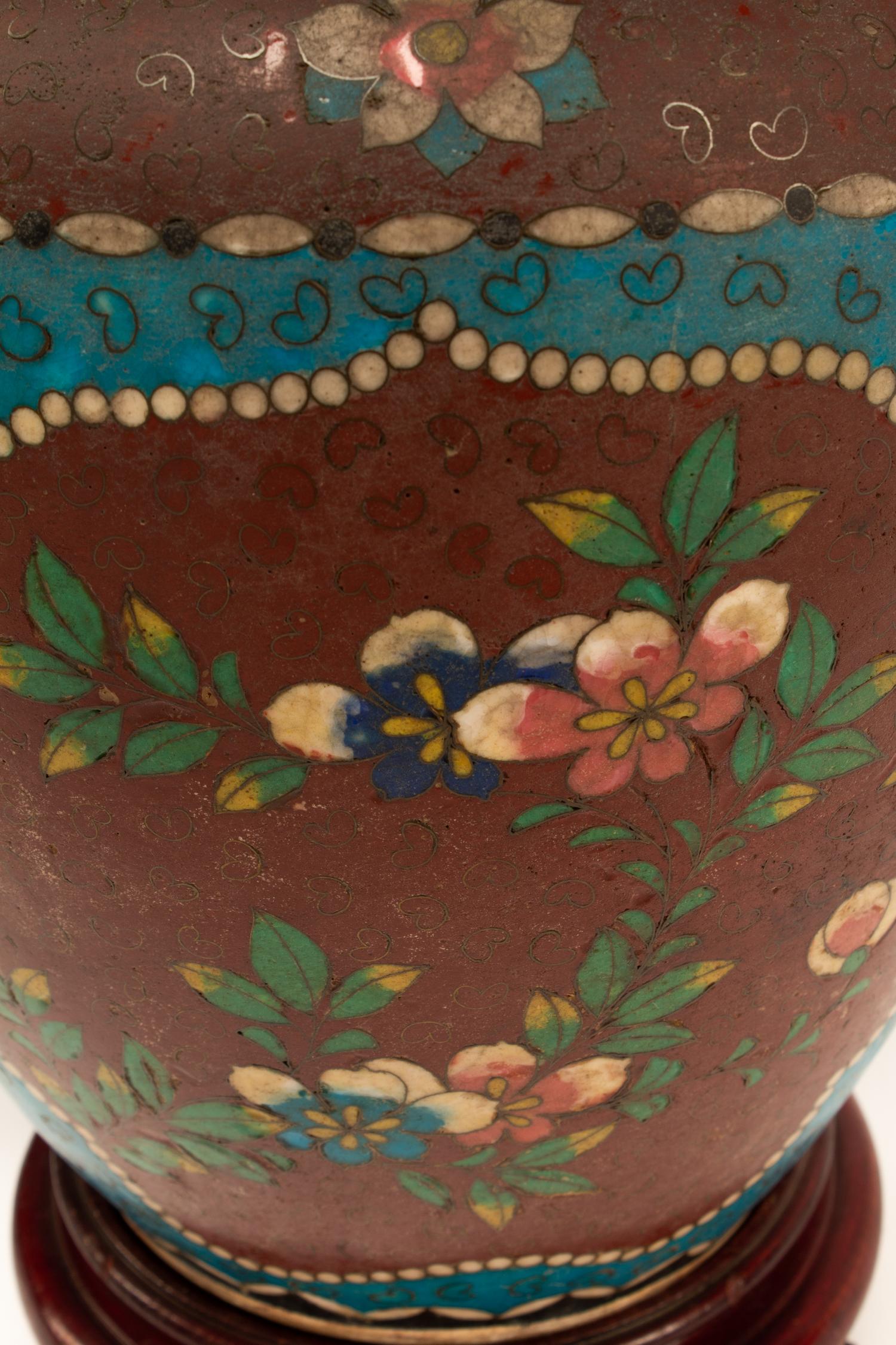 A Pair of Chinese Cloisonné over Porcelain Jars with Wood Bases